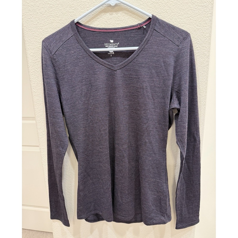 Seg'ments 100% Merino Wool Womens Long Sleeve Base Layer Purple V-neck Top S